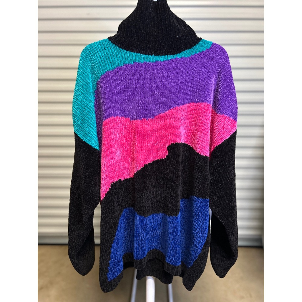 Westbound Sweater Womens 2X Multicolor Chenille Colorblock Vintage Turtleneck